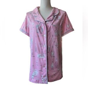 MUNKI MUNKI WOMENS PAJAMA TOP SIZE LARGE CAT & WINE PATTERN